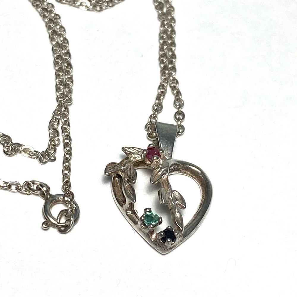 925 Heart Pendant Chain Necklace Sterling Silver Stones Vintage 3.18g